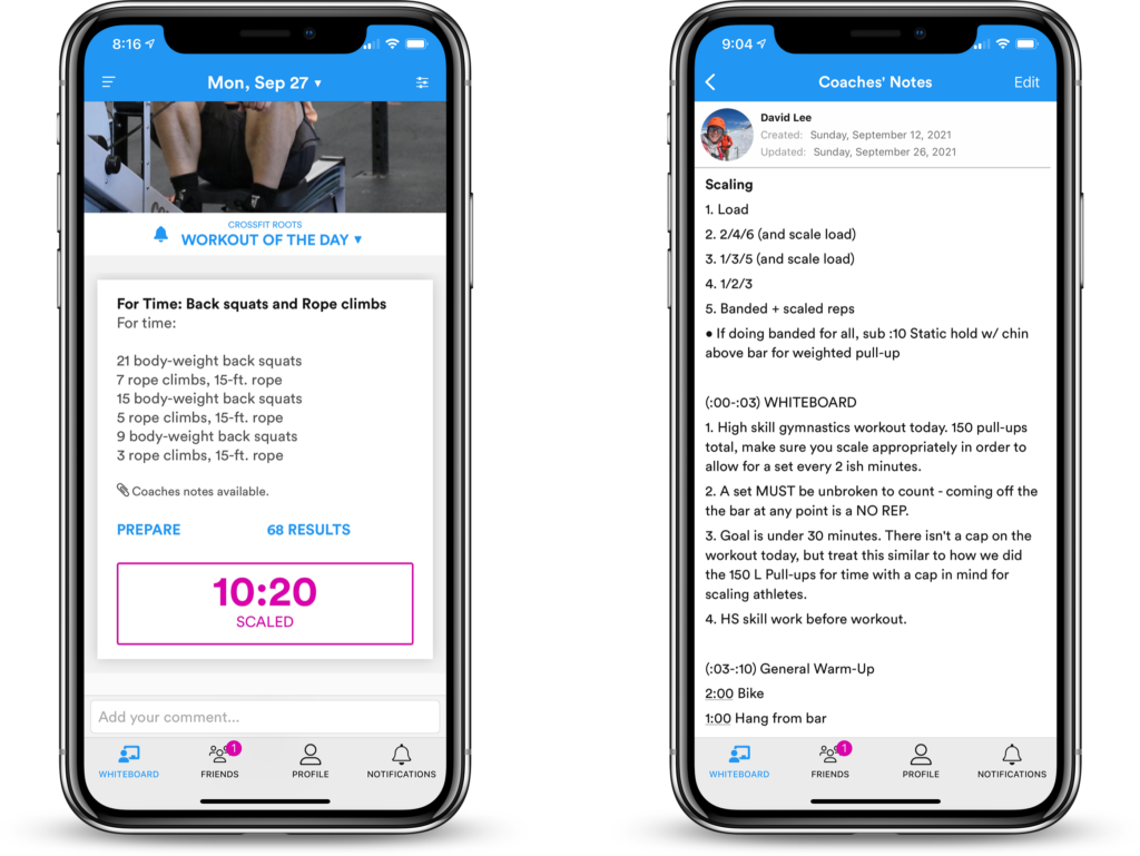 Coaches' notes in the SugarWOD app