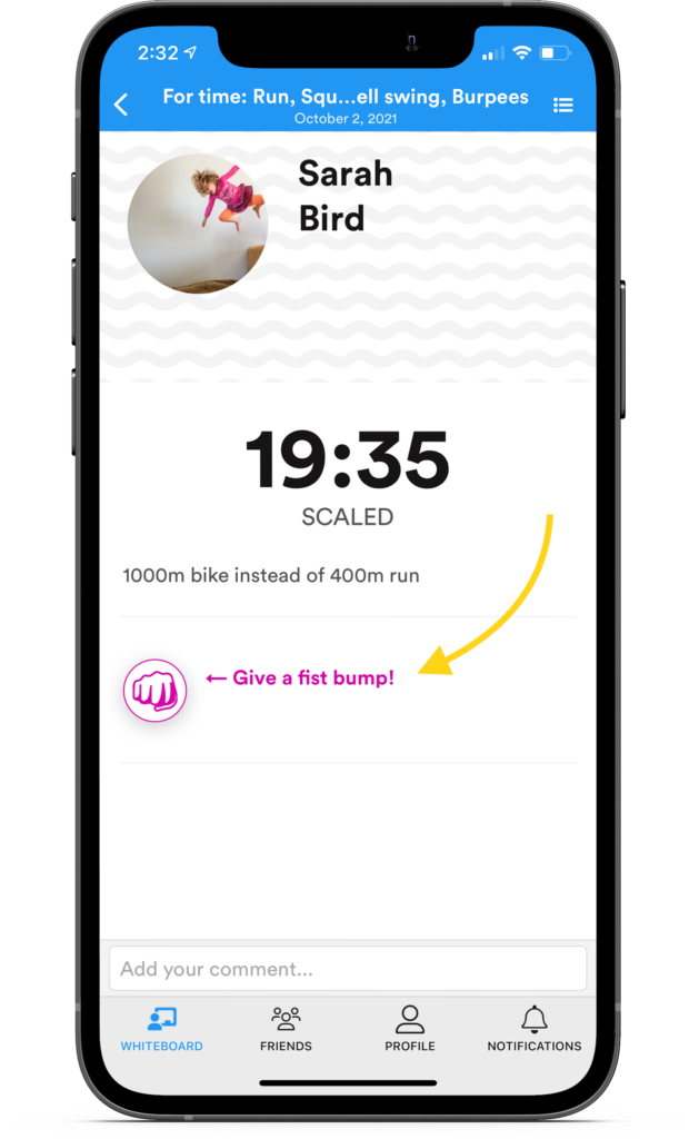 A screenshot of the option to give a fist bump in the SugarWOD app