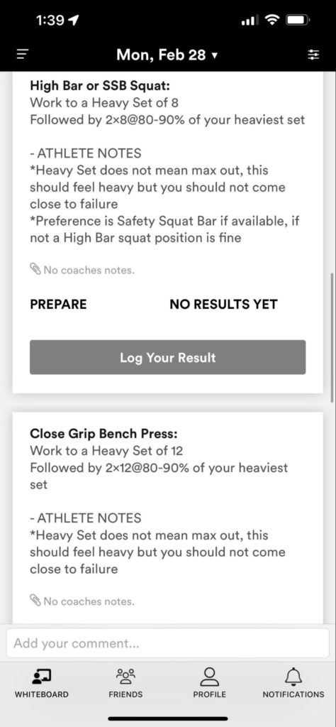 Team Soul Pressure High Bar or SSB Squat and Close Grip Bench Press workout programming screenshot