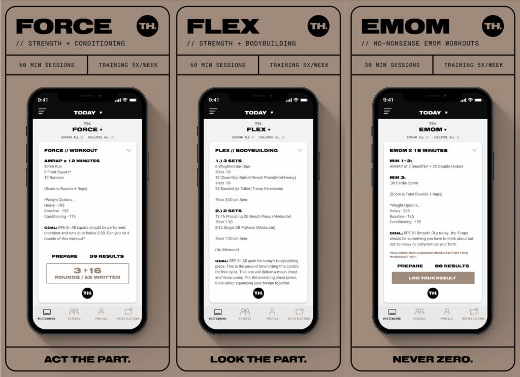 Three Tailored Training Programs: Opt for FORCE, FLEX, or EMOM to align with your goals. 