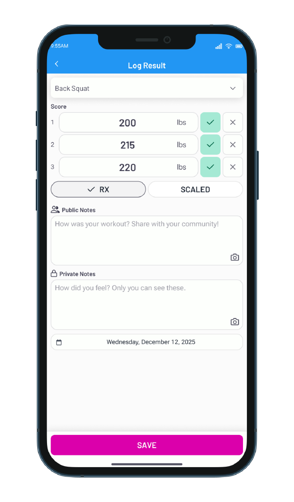 An image of the personal workout note that logs the history for personal tracking.